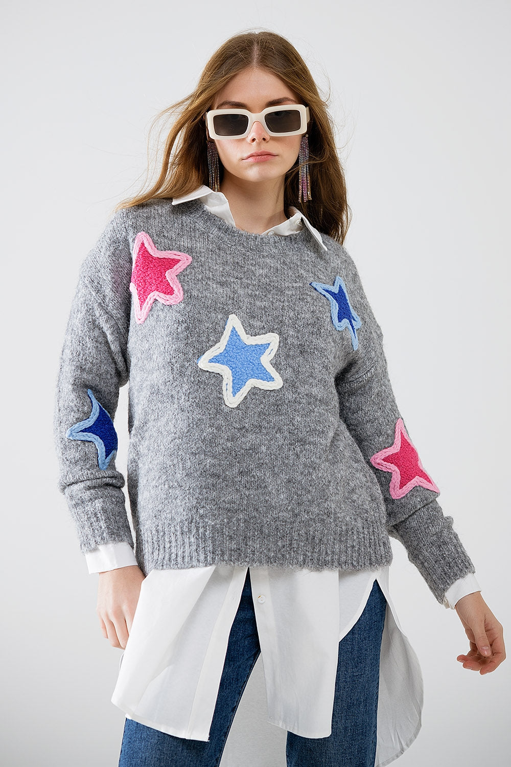 grey sweater With Embroidered Stars - jumper