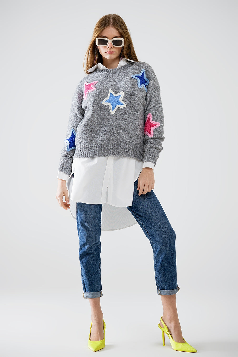 grey sweater With Embroidered Stars - jumper