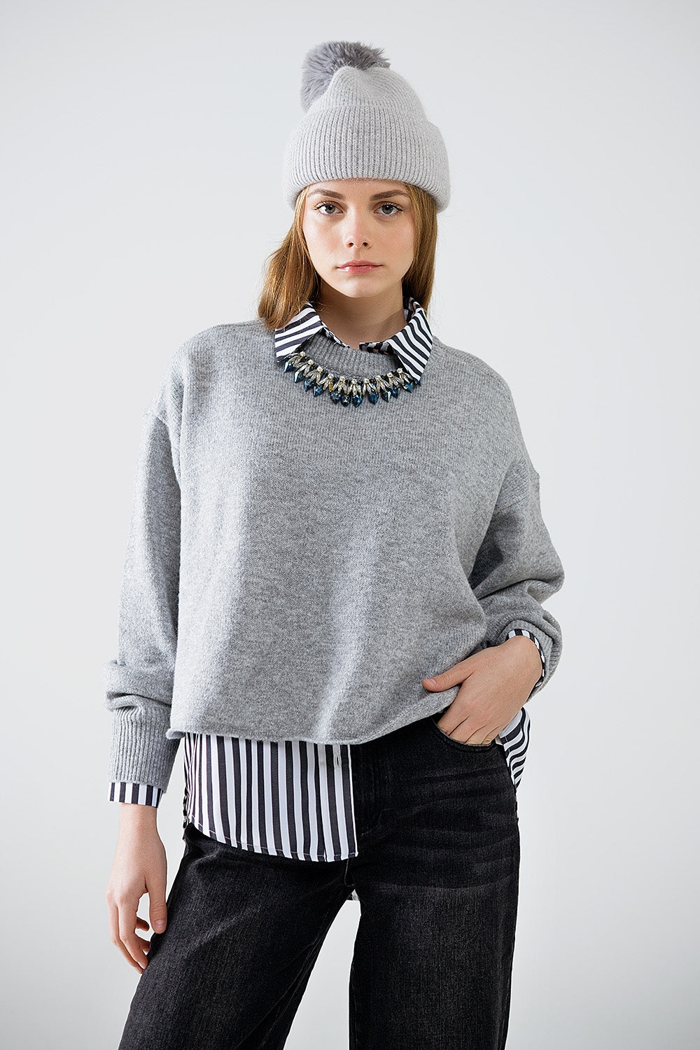 Soft knit grey jumper with balloon sleeves - jumper