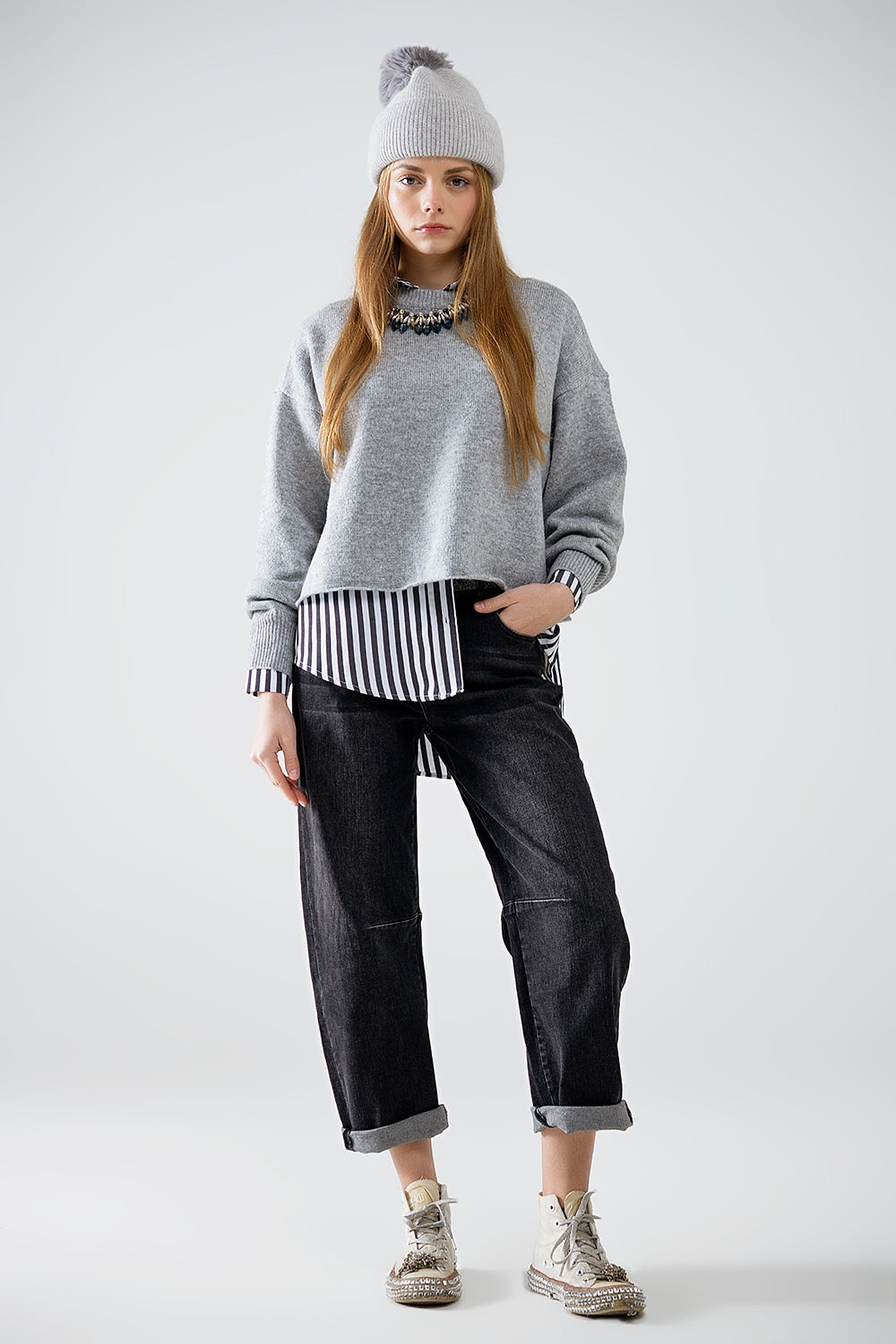 Soft knit grey jumper with balloon sleeves - jumper