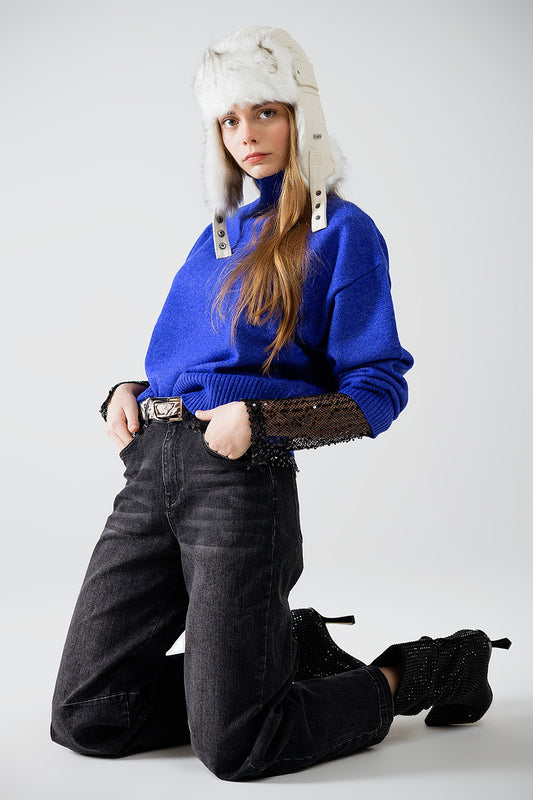 chunky knit sweater in blue with turtleneck - jumper