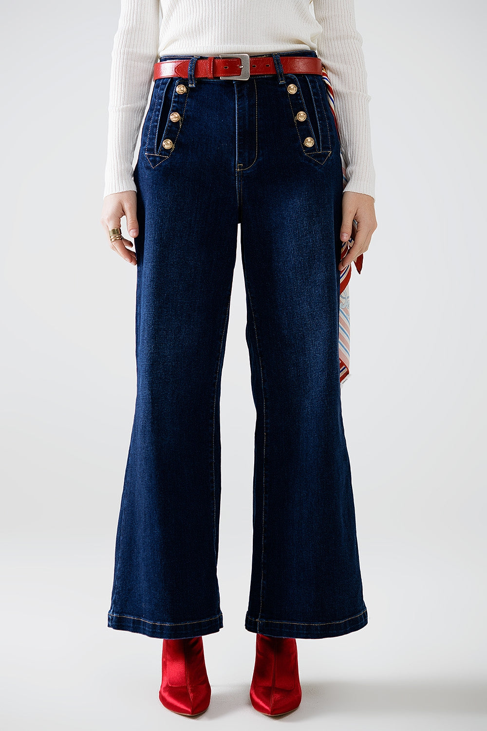 Marine-style Wide Leg Jeans With Gold Buttons - Denim