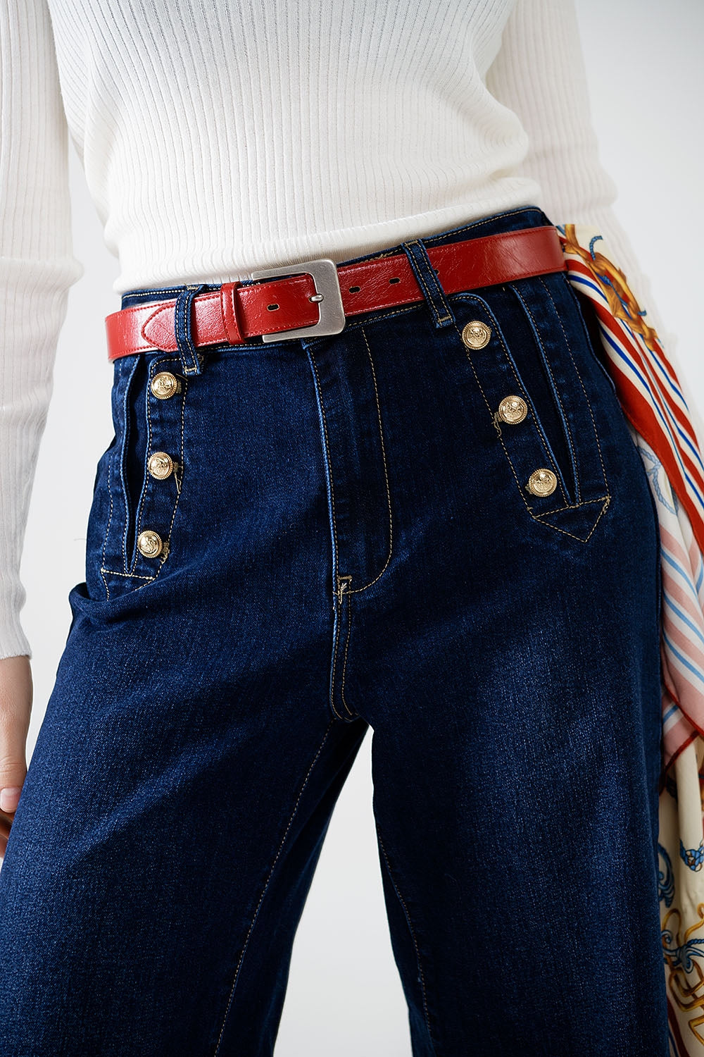 Marine-style Wide Leg Jeans With Gold Buttons - Denim