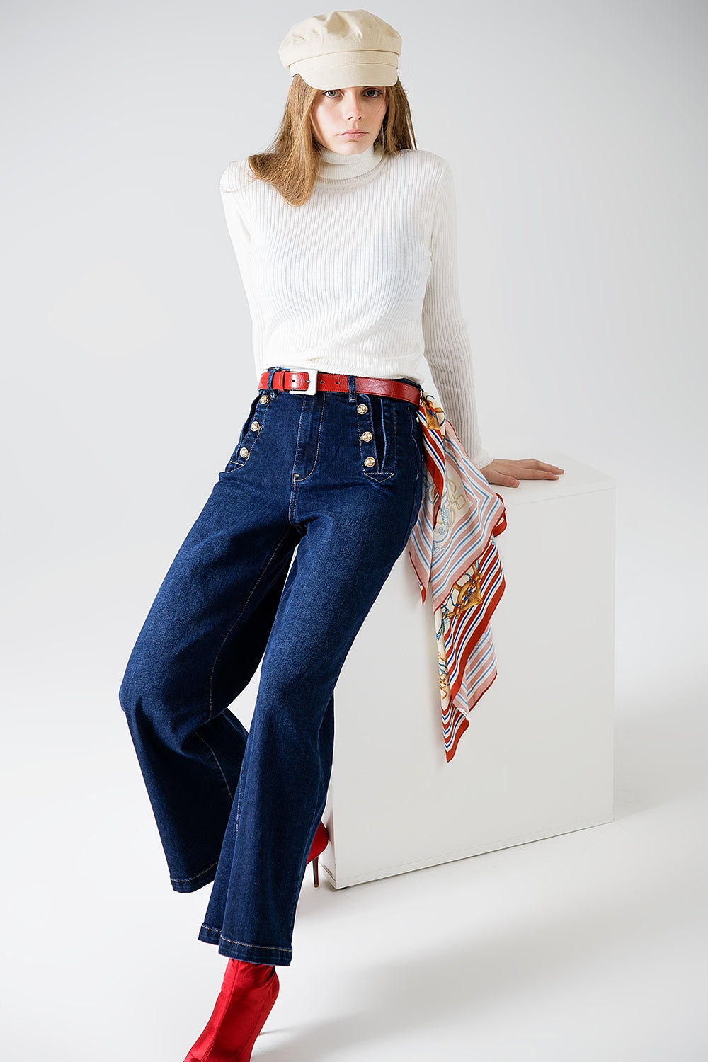 Marine-style Wide Leg Jeans With Gold Buttons - Denim