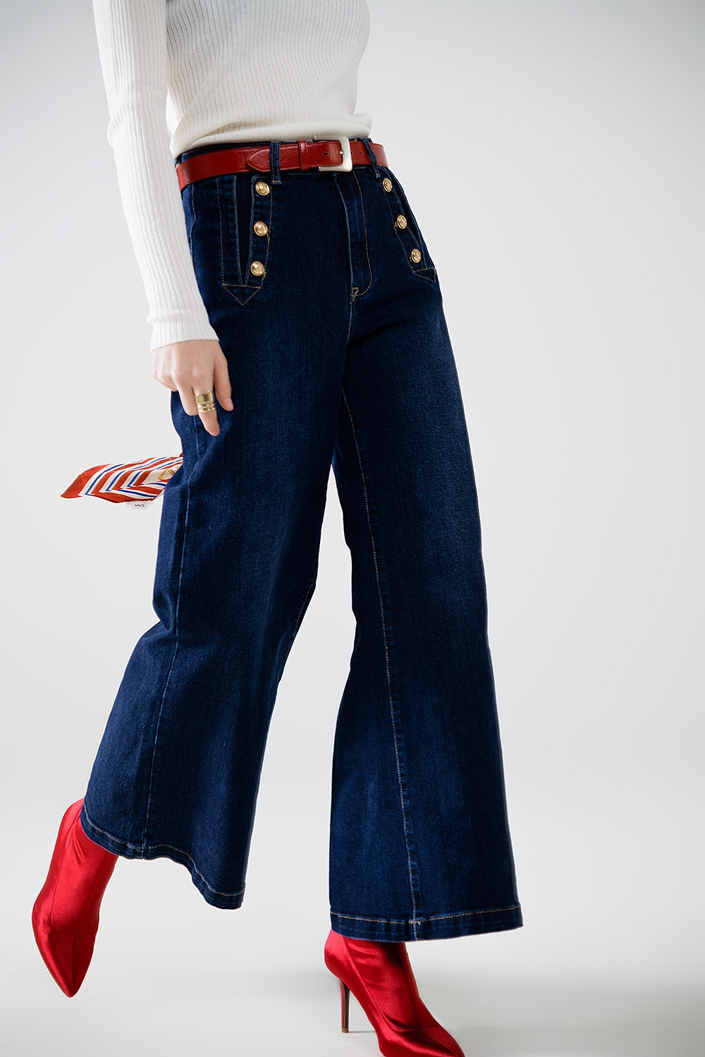 Marine-style Wide Leg Jeans With Gold Buttons - Denim
