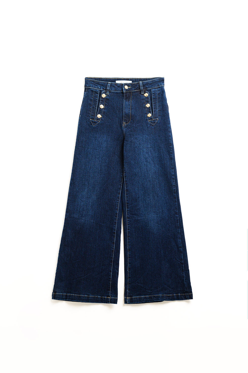 Marine-style Wide Leg Jeans With Gold Buttons - Denim