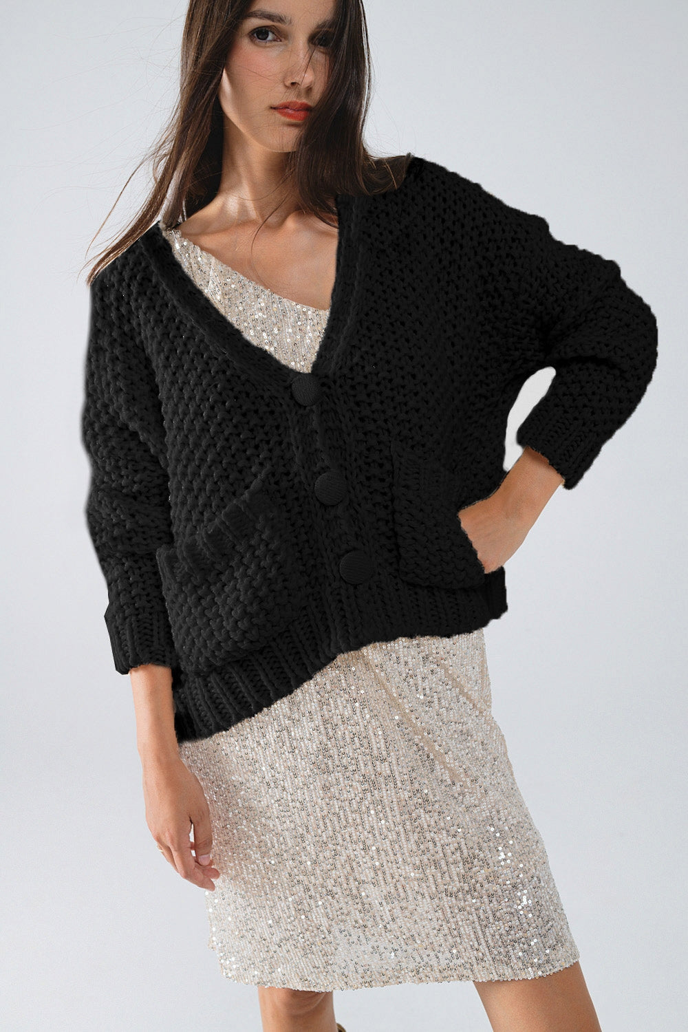 Oversized black chunky knit jacket with pockets