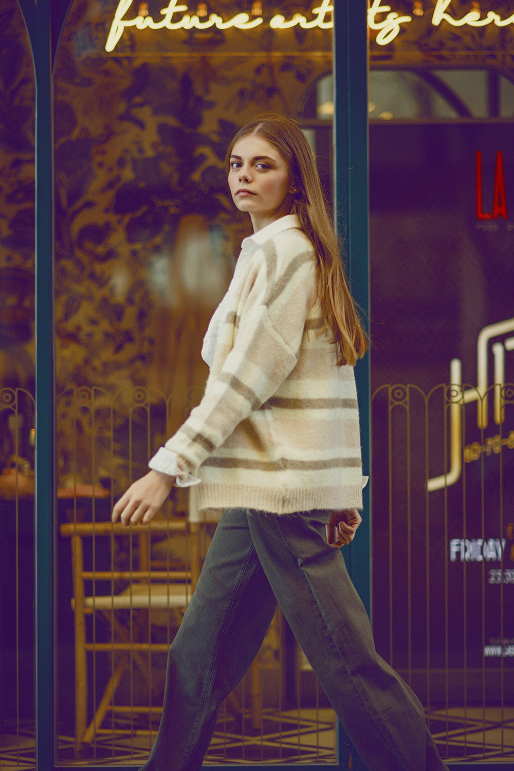 beige striped fluffy cardigan - cardigan