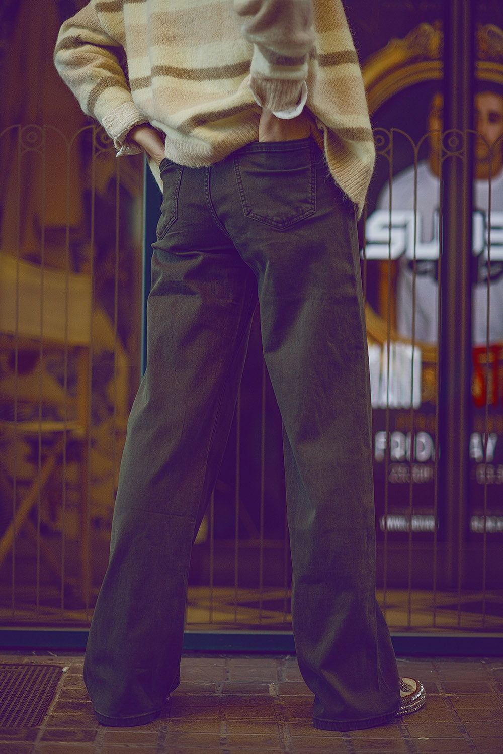 Military green high-waisted wide-leg pants - Coloured Jeans