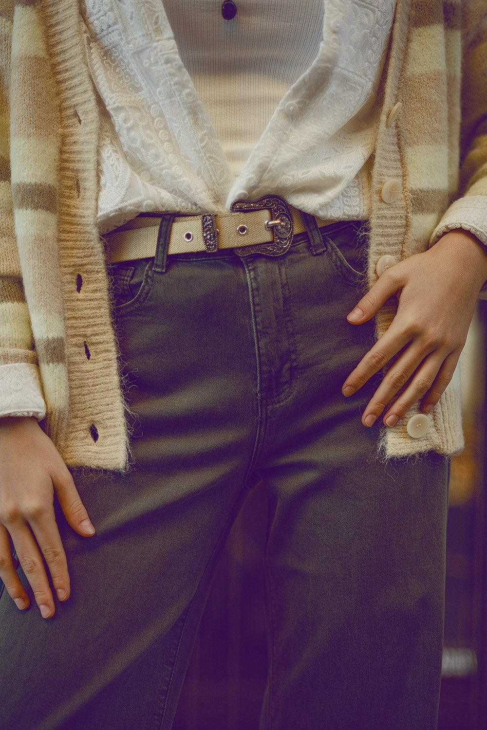 Military green high-waisted wide-leg pants - Coloured Jeans