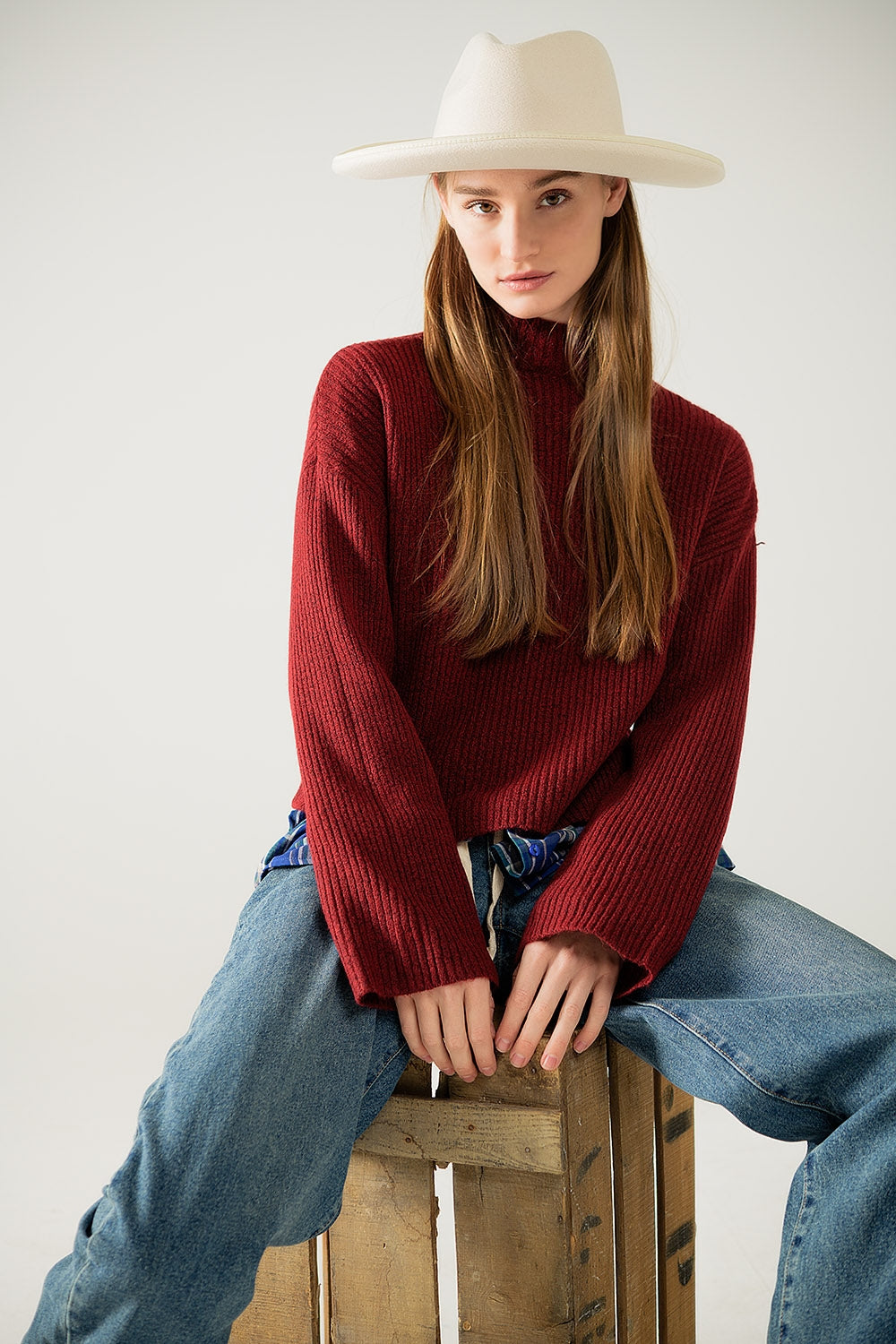 relaxed wine ribbed high neck sweater - jumper