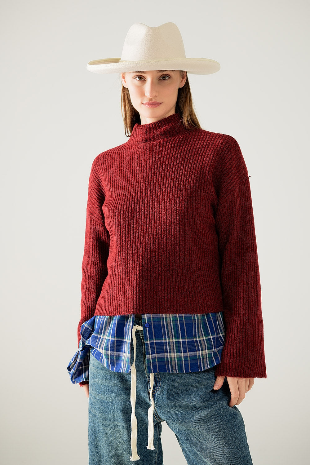relaxed wine ribbed high neck sweater - jumper