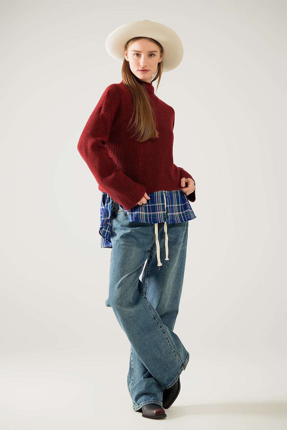 relaxed wine ribbed high neck sweater - jumper