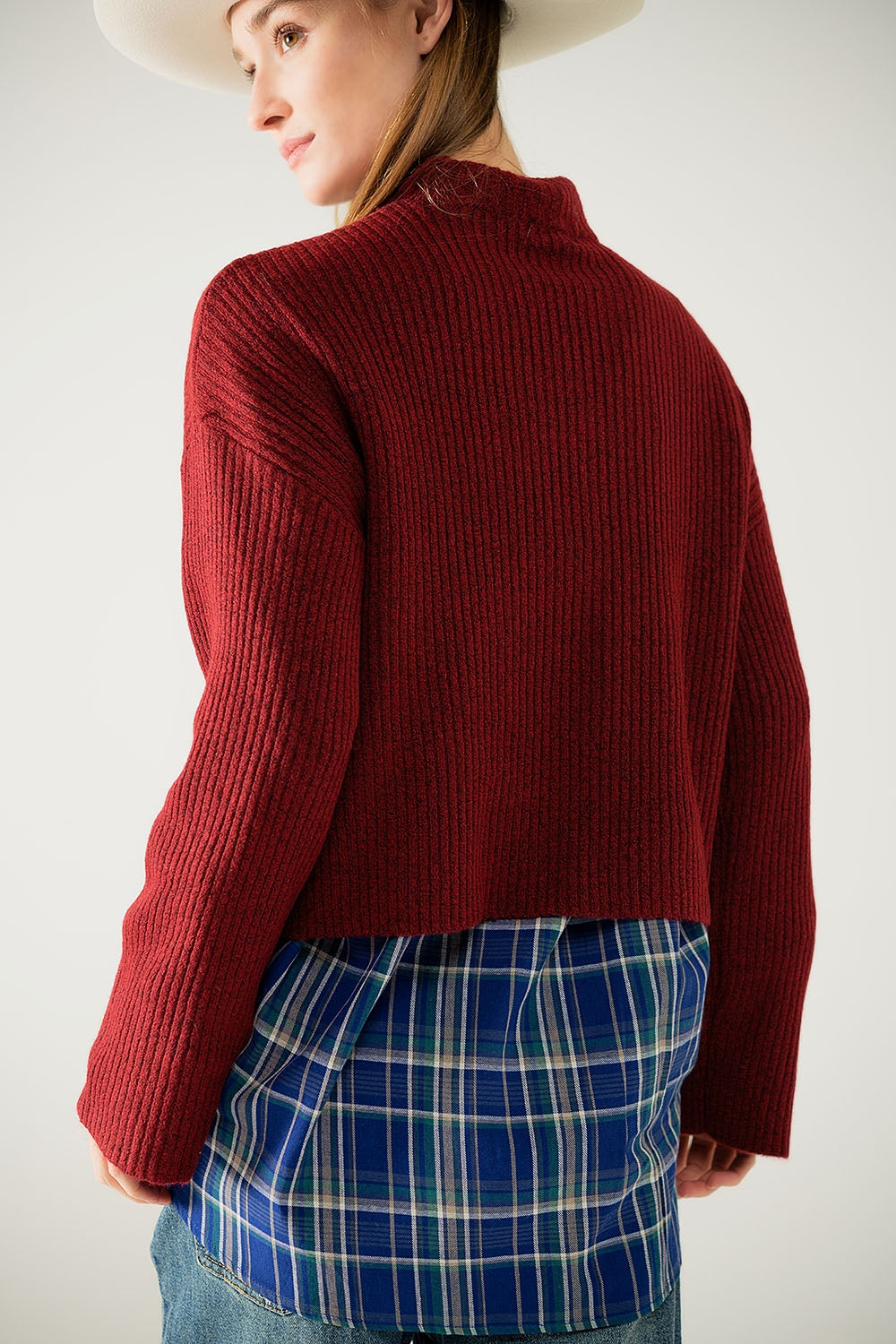 relaxed wine ribbed high neck sweater - jumper