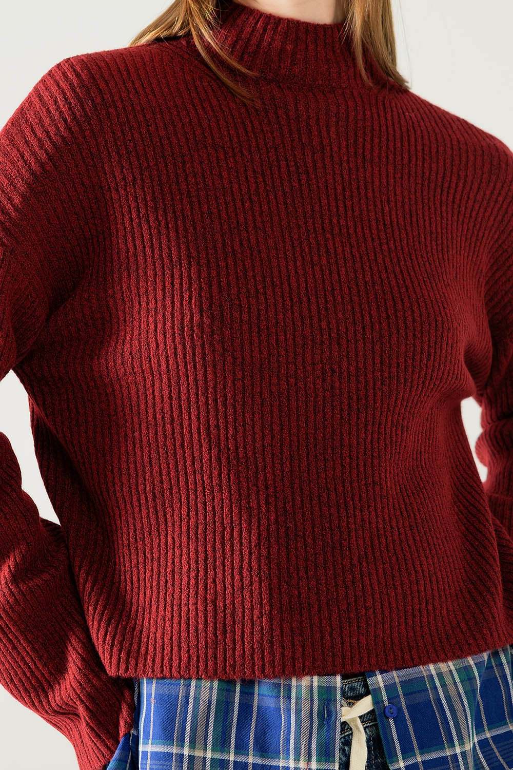 relaxed wine ribbed high neck sweater - jumper