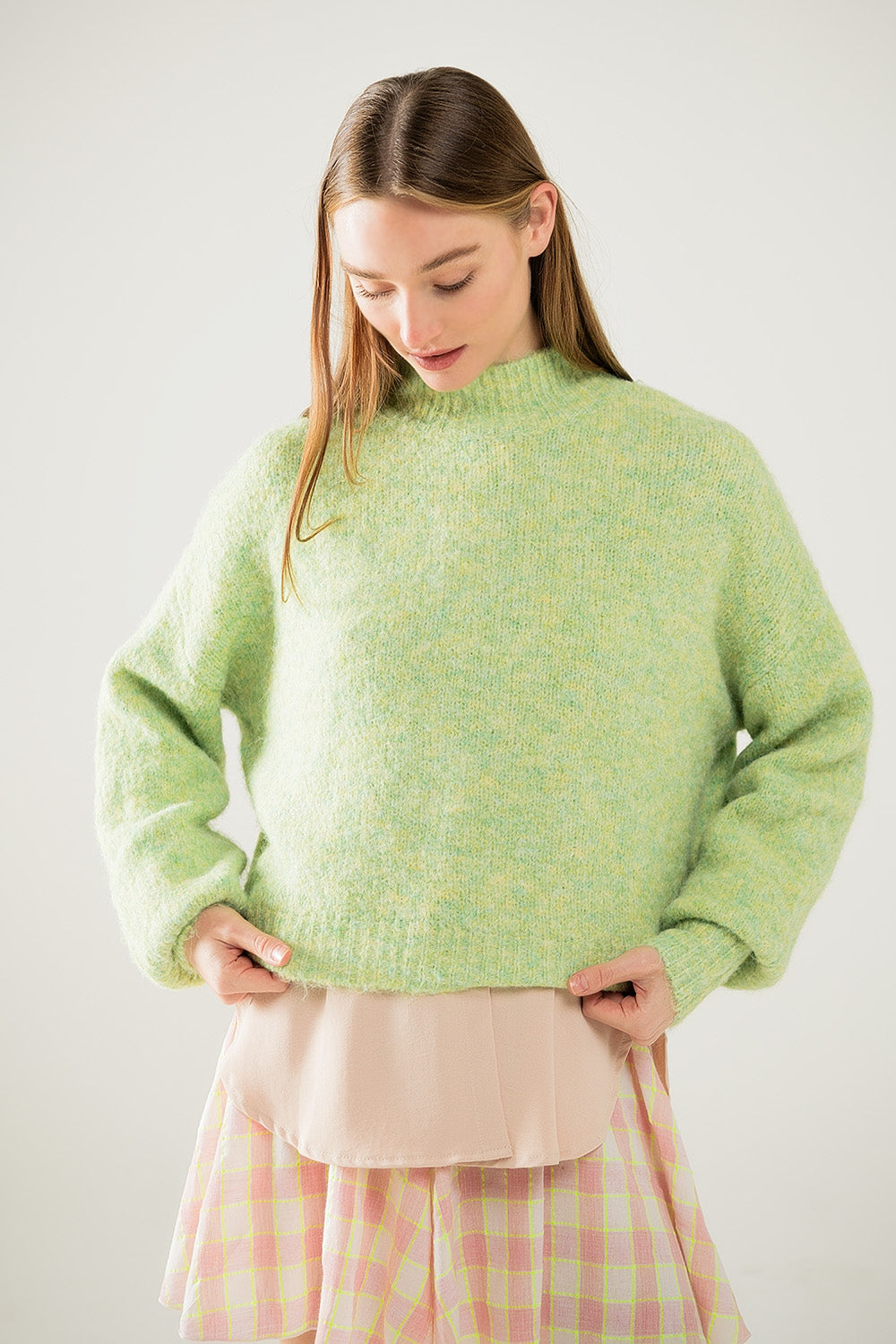 Fluffy light green sweater with high neck and balloon sleeves - jumper