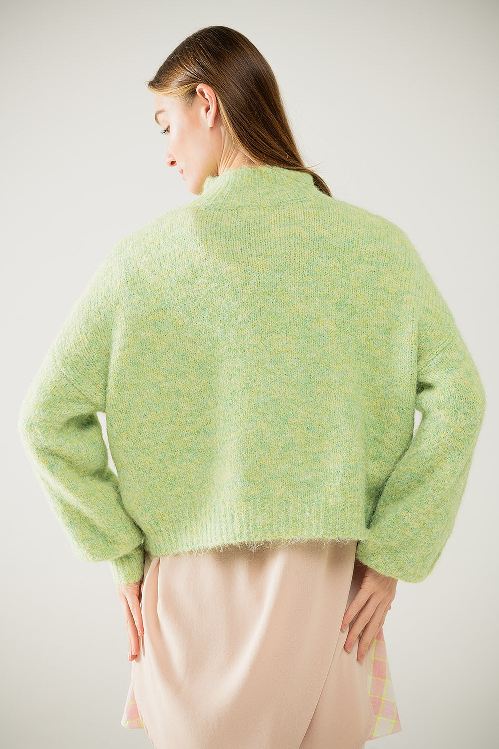Fluffy light green sweater with high neck and balloon sleeves - jumper