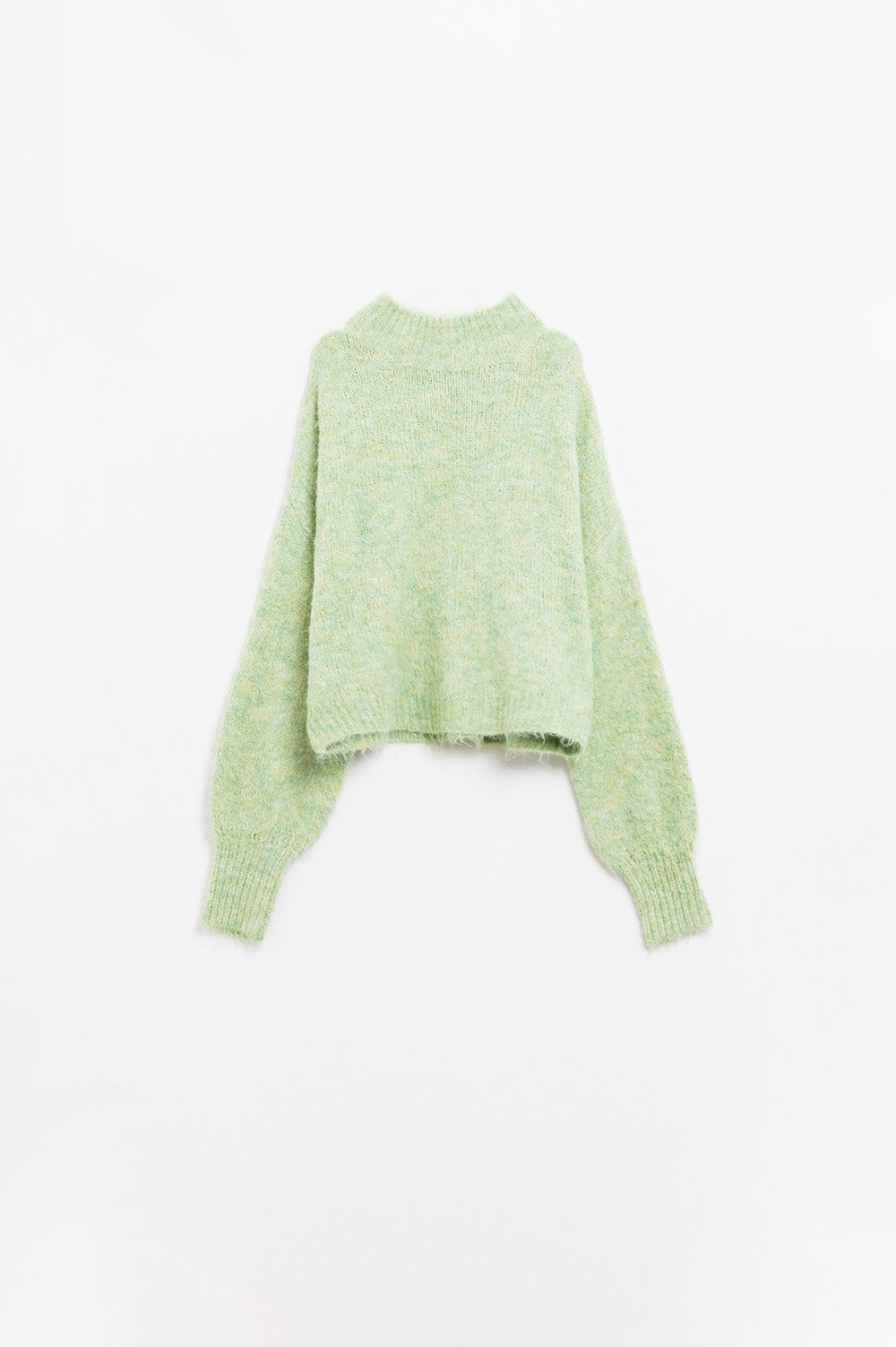 Fluffy light green sweater with high neck and balloon sleeves - jumper