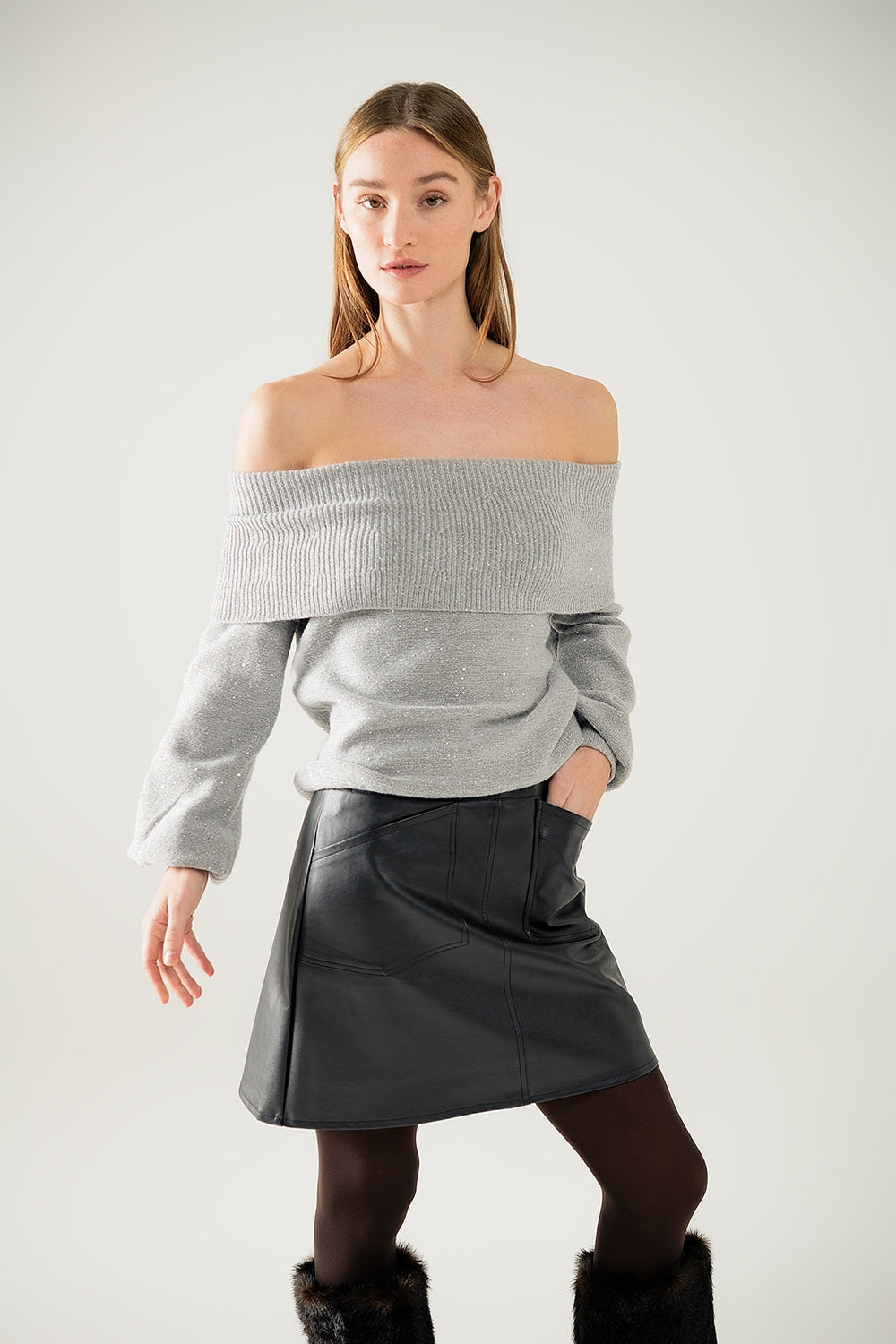 Grey boat neck sweater with sequins - jumper