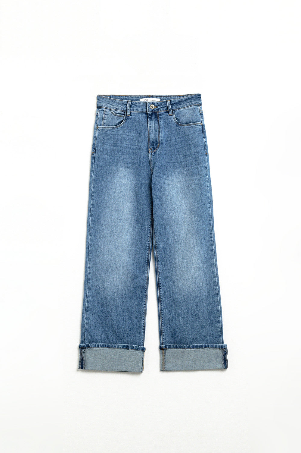 straight fit cuffed jeans with mid wash - Denim
