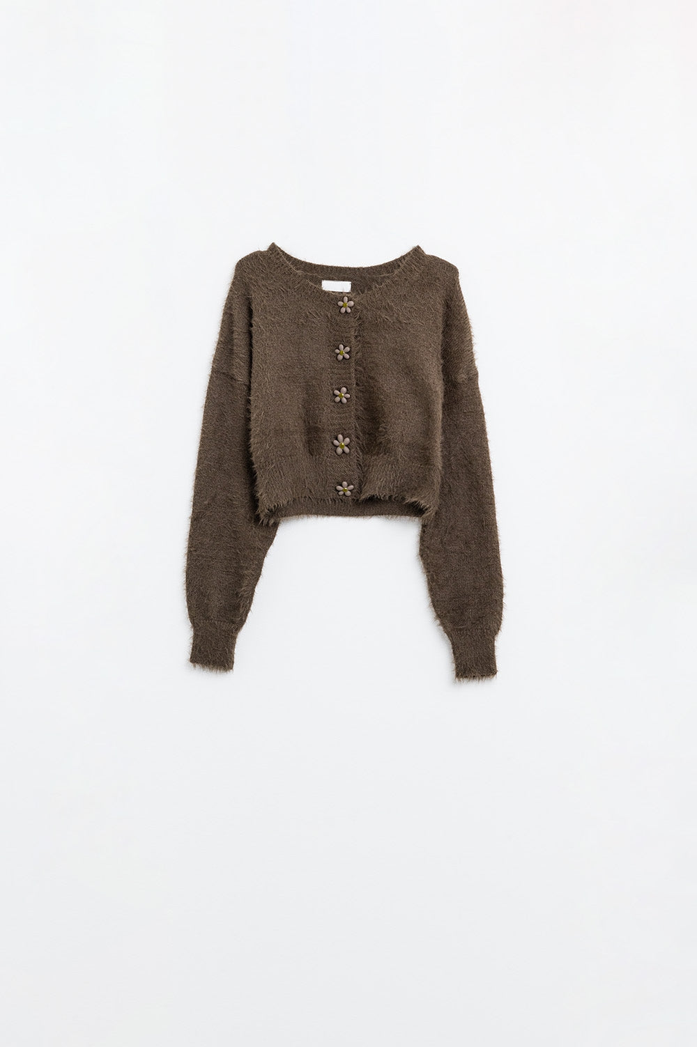 Short and fluffy brown cardigan with flower buttons - Cardigans