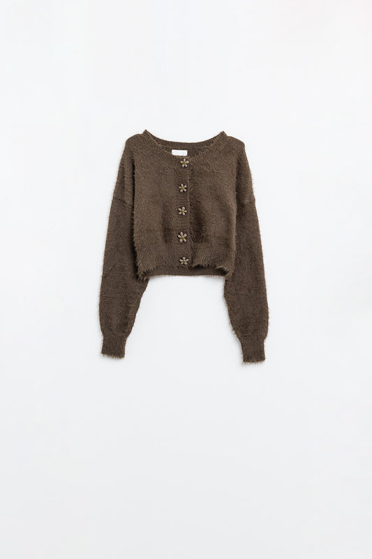 Short and fluffy brown cardigan with flower buttons - Cardigans