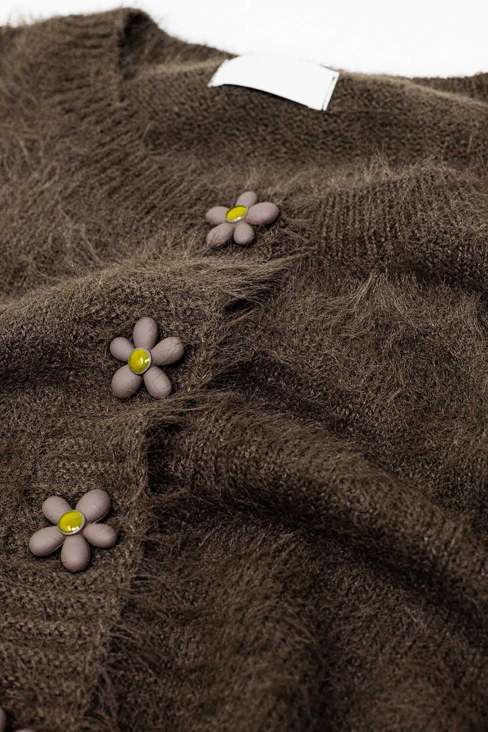 Short and fluffy brown cardigan with flower buttons - Cardigans