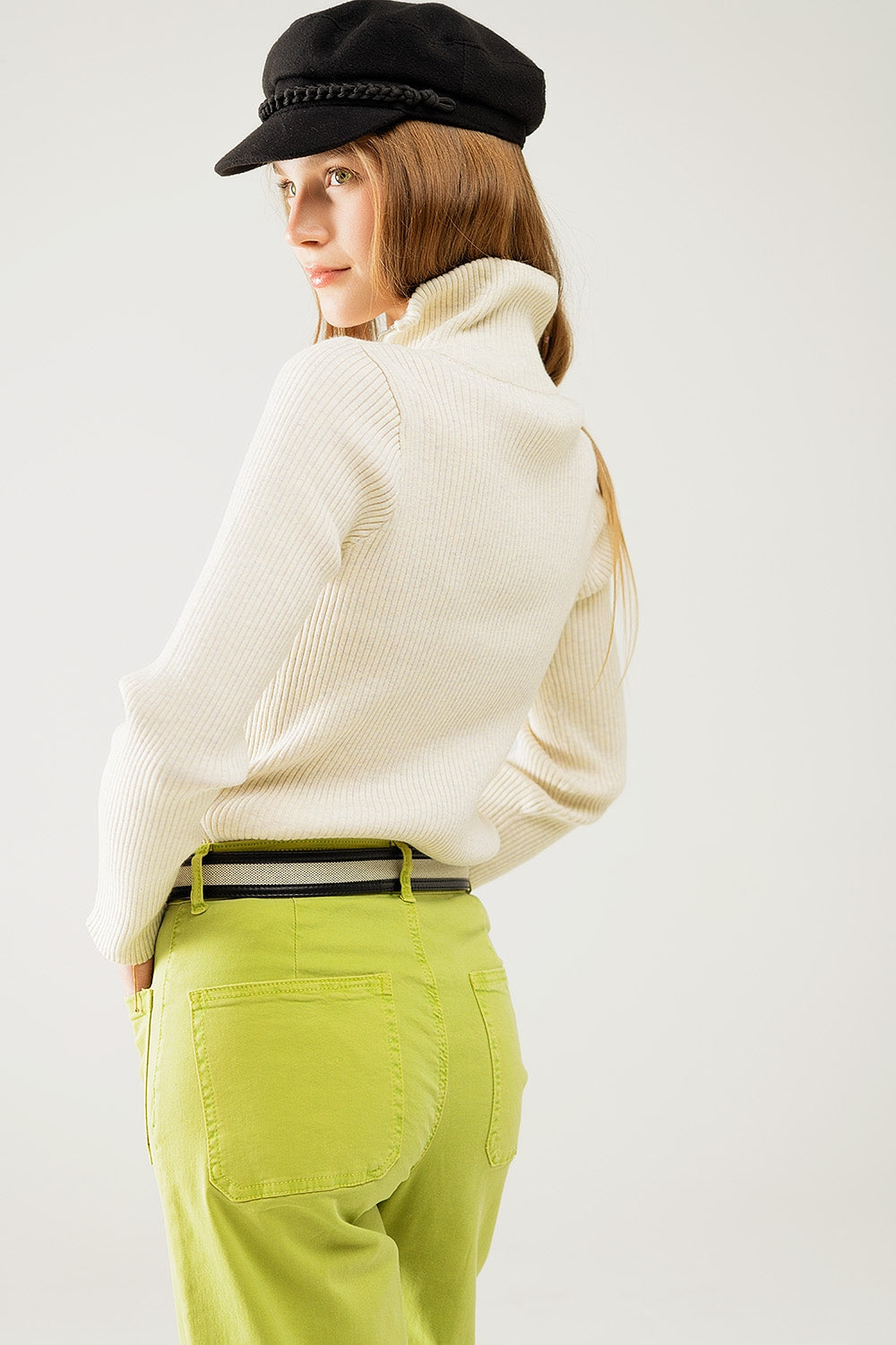 cream ribbed fitted sweater with zip closure - jumper