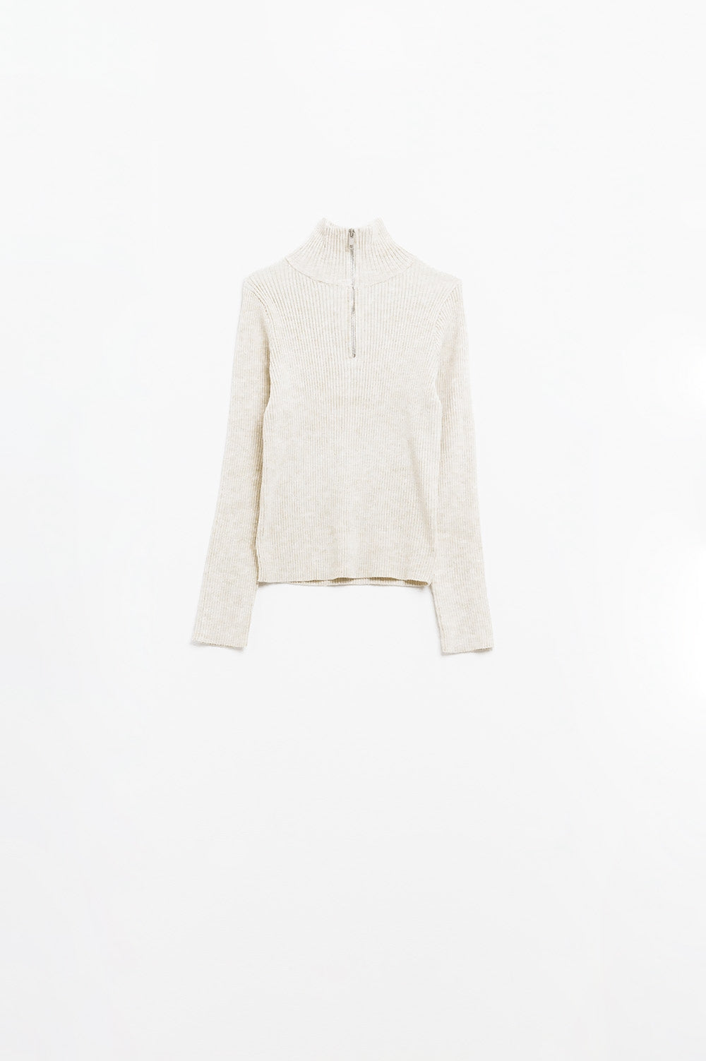 cream ribbed fitted sweater with zip closure - jumper