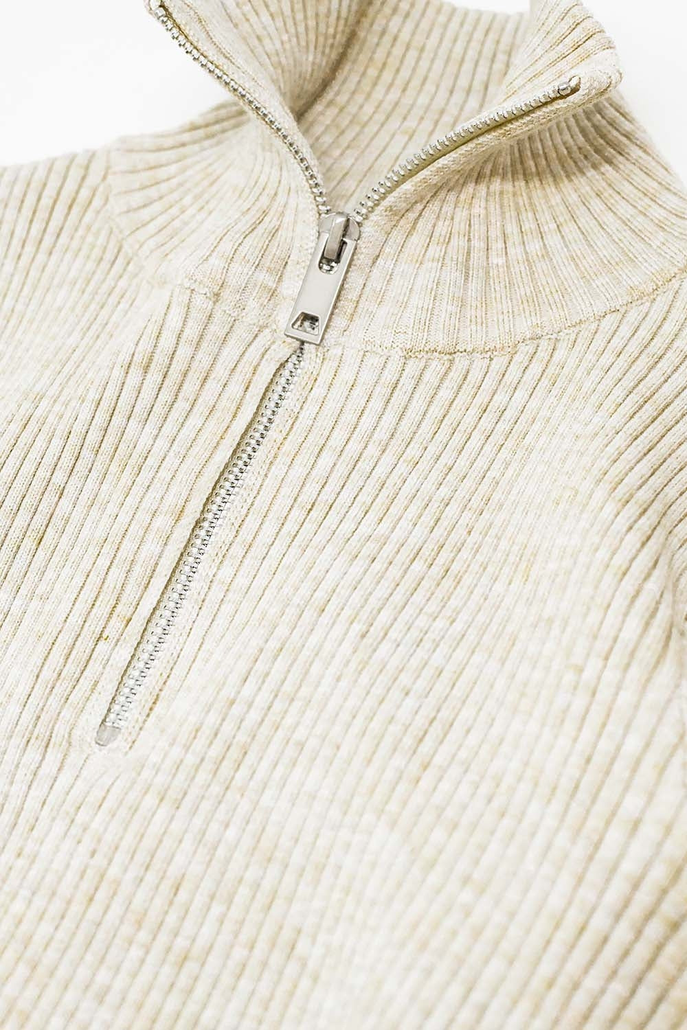 cream ribbed fitted sweater with zip closure - jumper