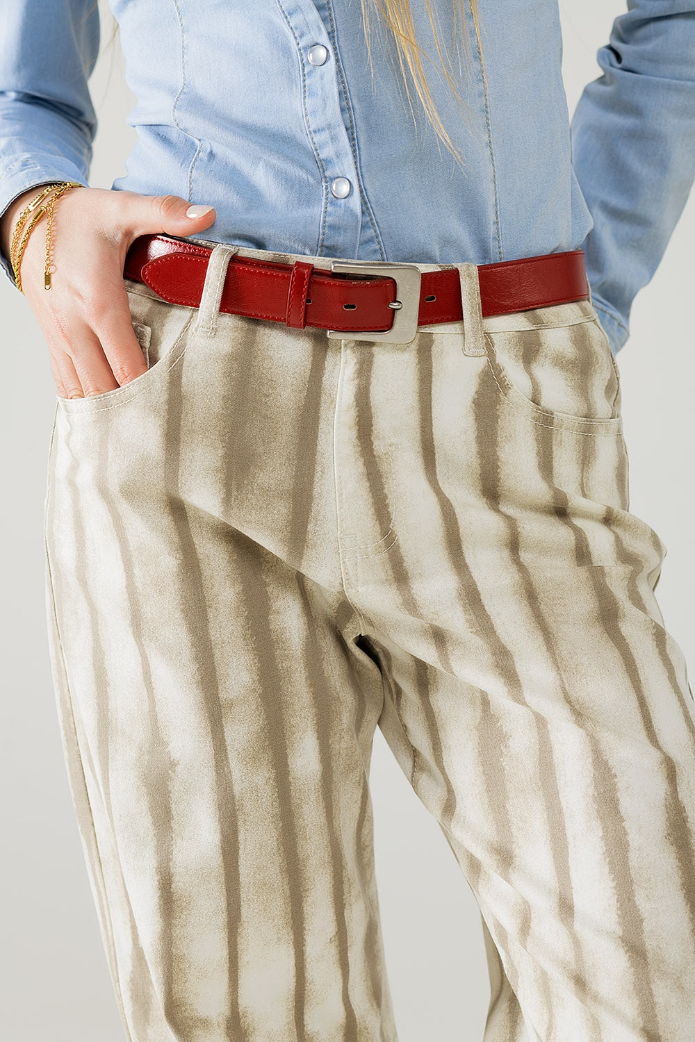 Beige wide leg elastic striped Pants - Coloured Jeans