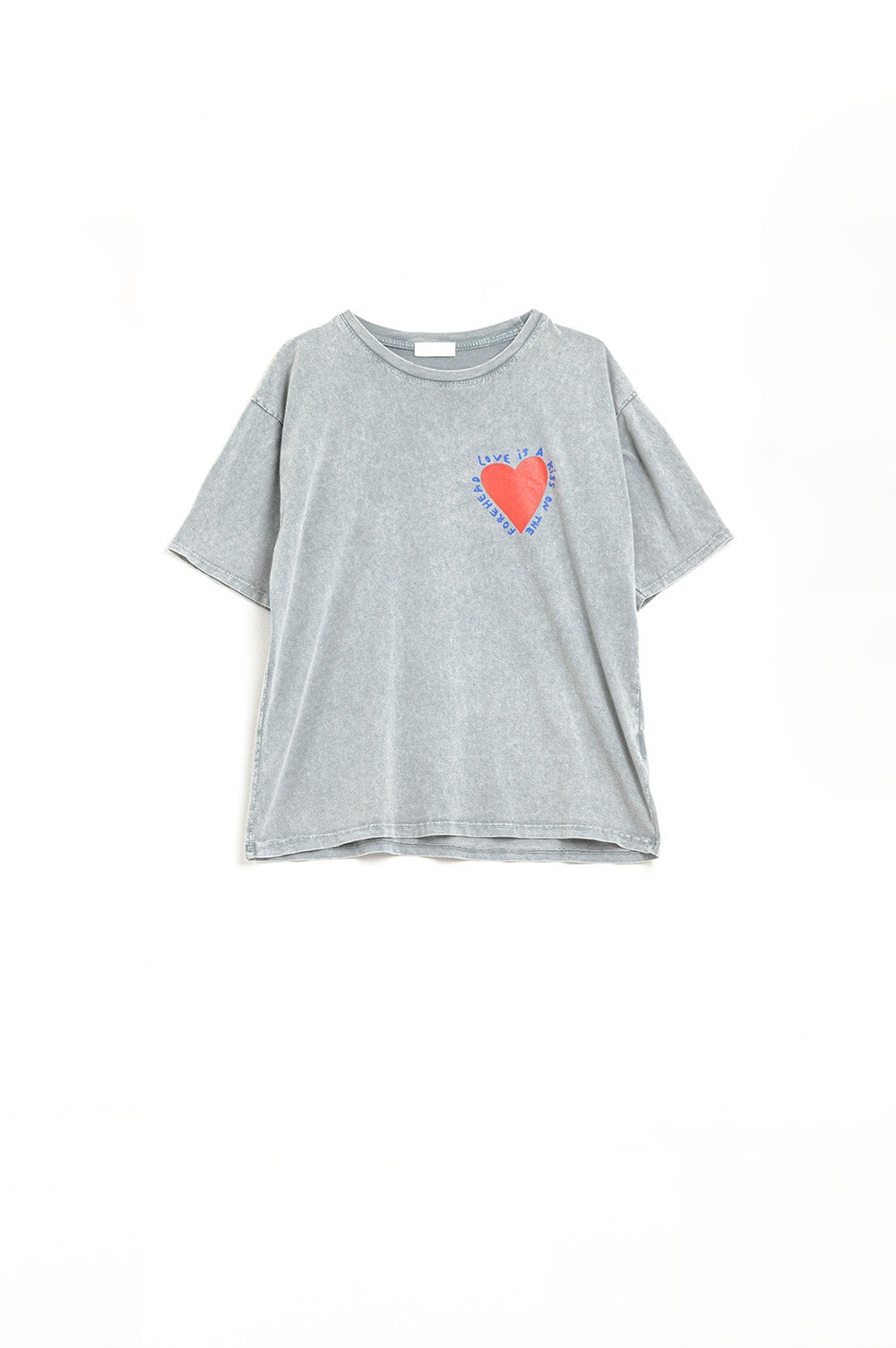 Grey T-shirt featuring a heart design on both the front and back - top