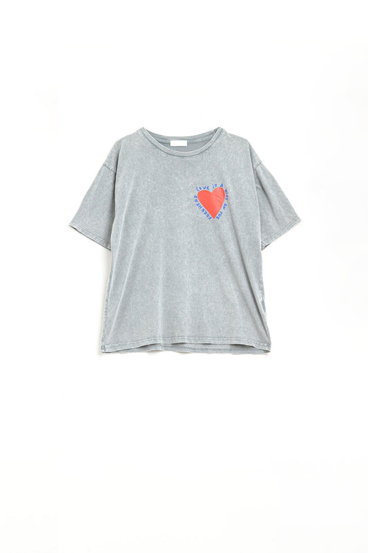 Grey T-shirt featuring a heart design on both the front and back - top