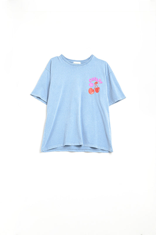 Blue T-shirt with Cherry in logo and letters - top