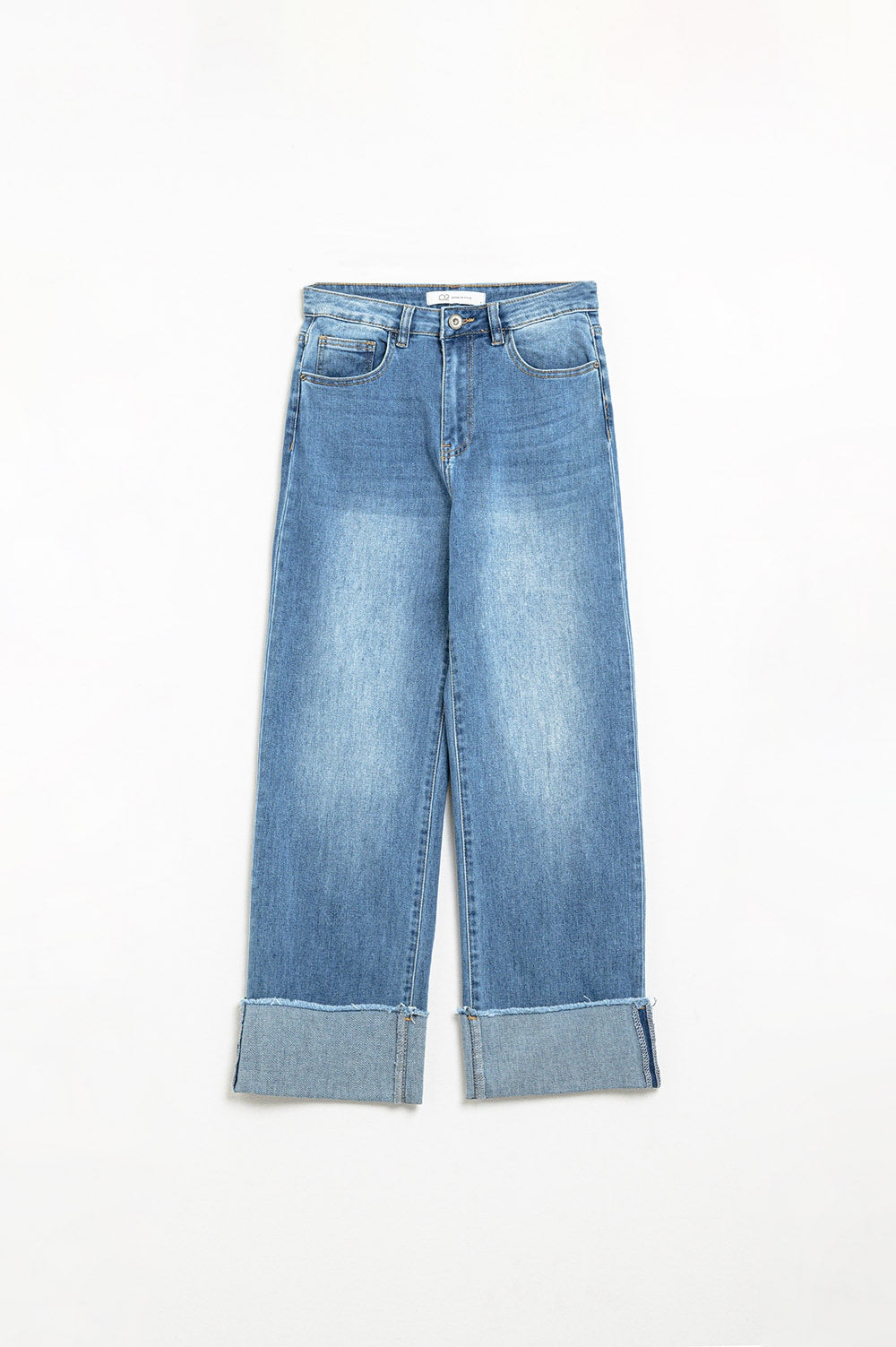 medium wash straight fit on cuffed hem jeans - Denim