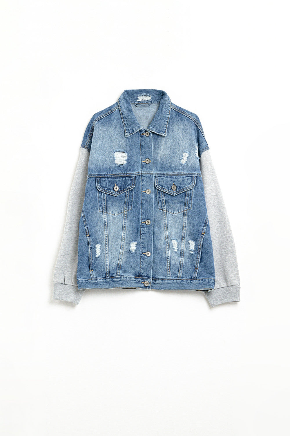 Denim Jacket with Jogging Fabric Sleeves