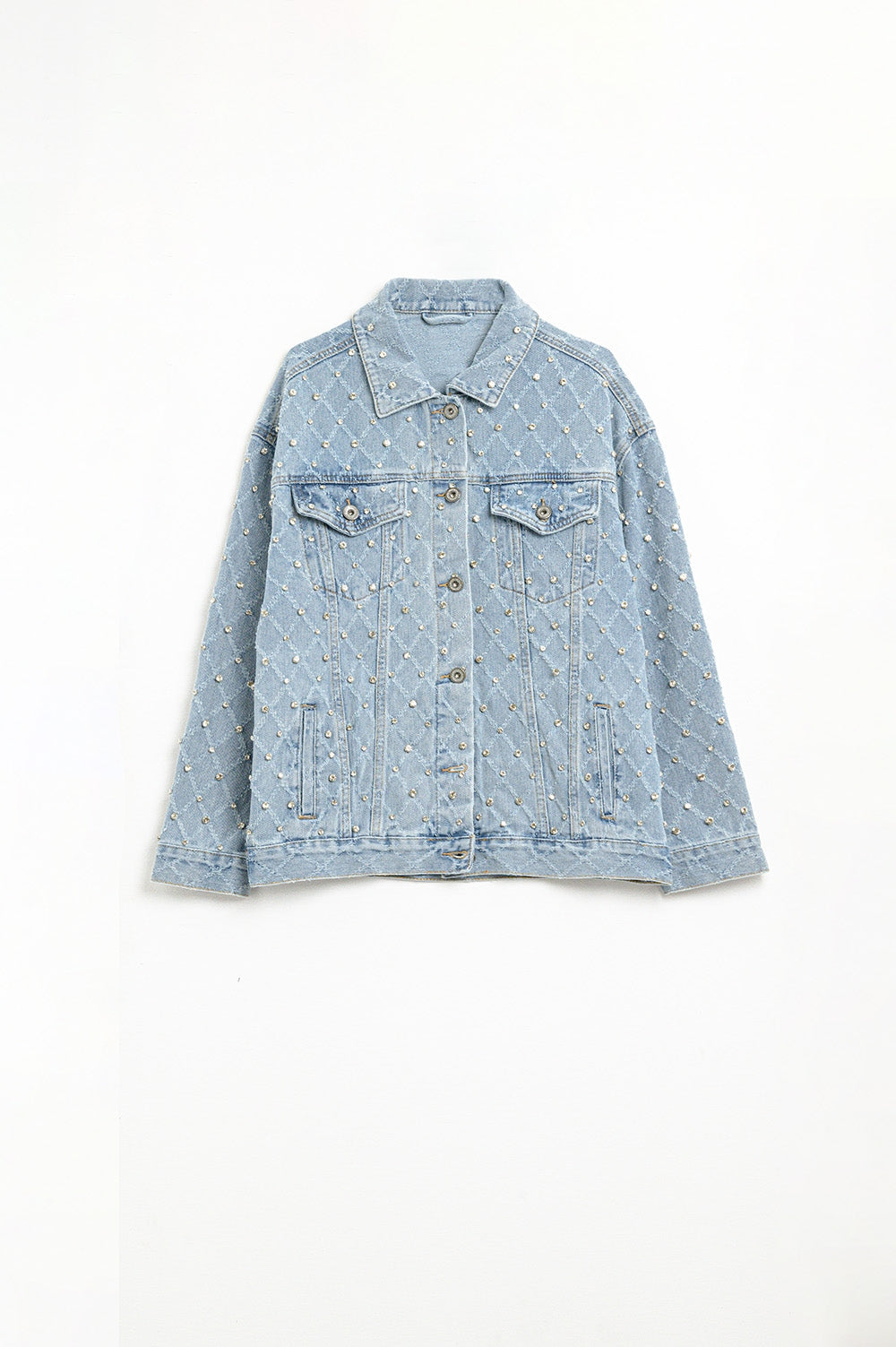 Wide denim jacket with rhinestones in a diamond pattern