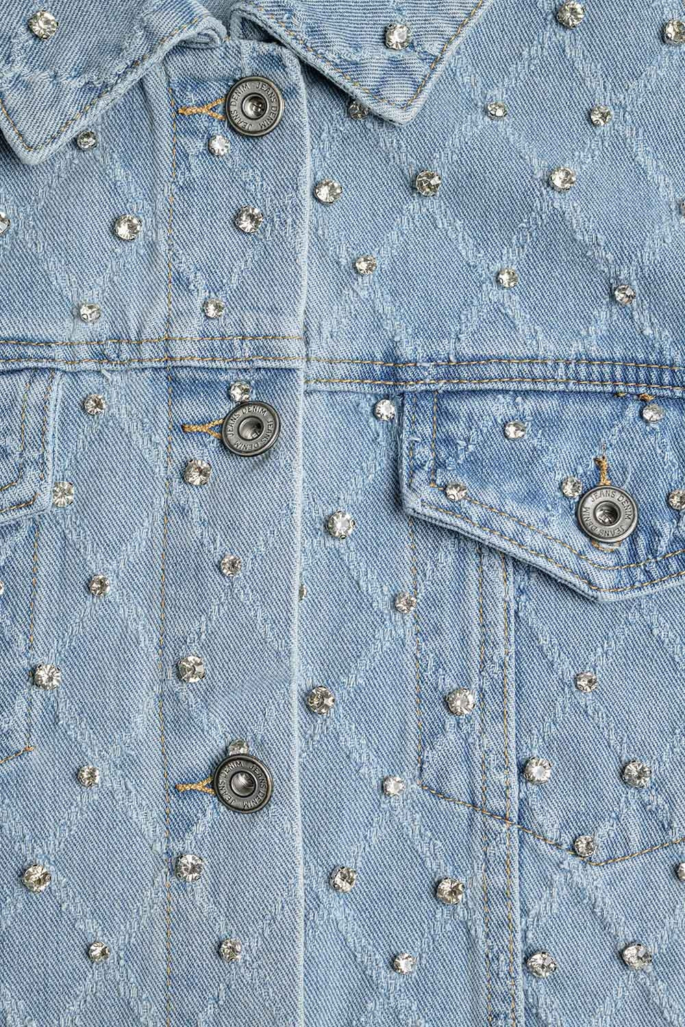 Wide denim jacket with rhinestones in a diamond pattern