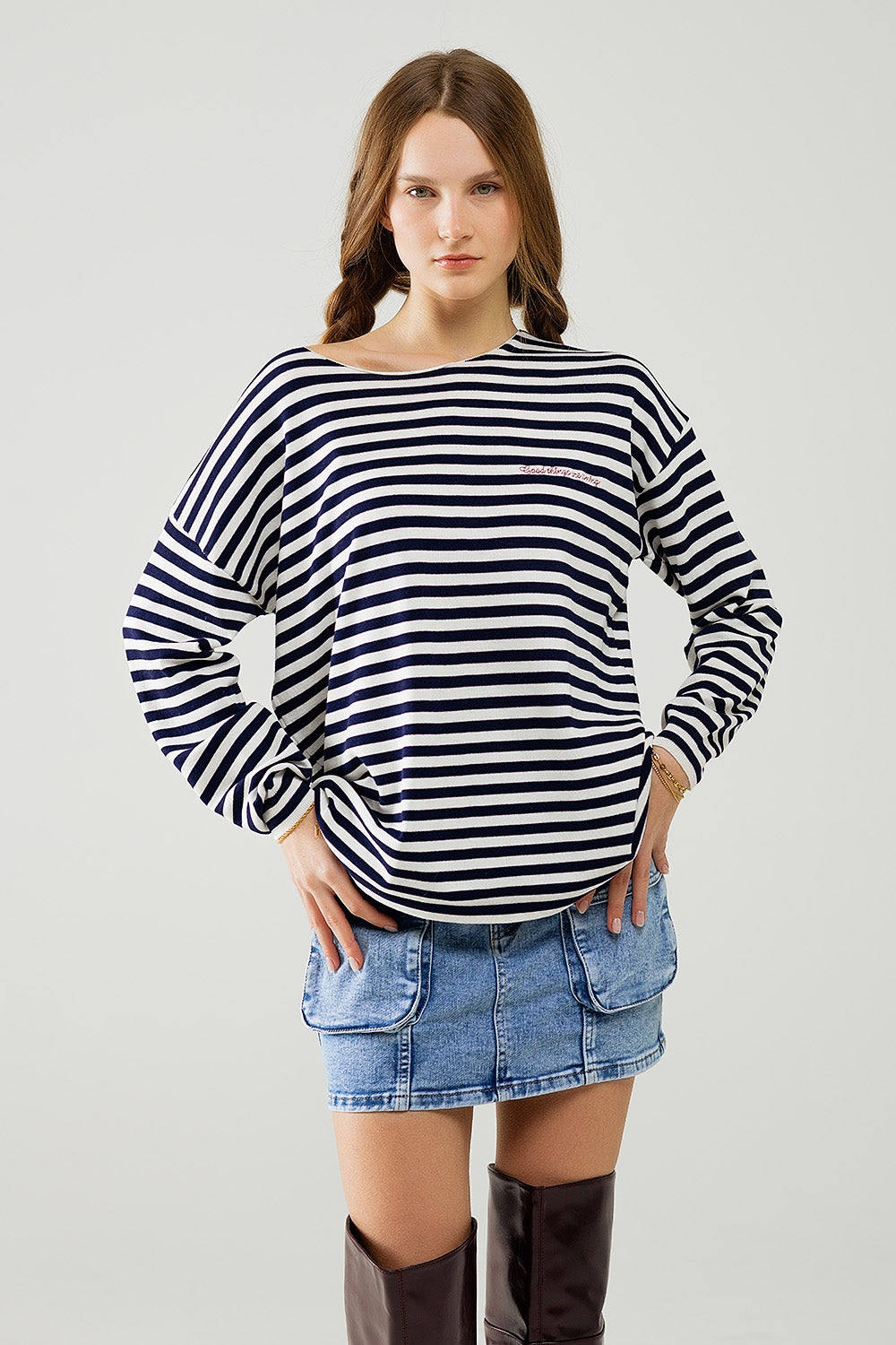 navy blue striped fine knit sweater with boat neck