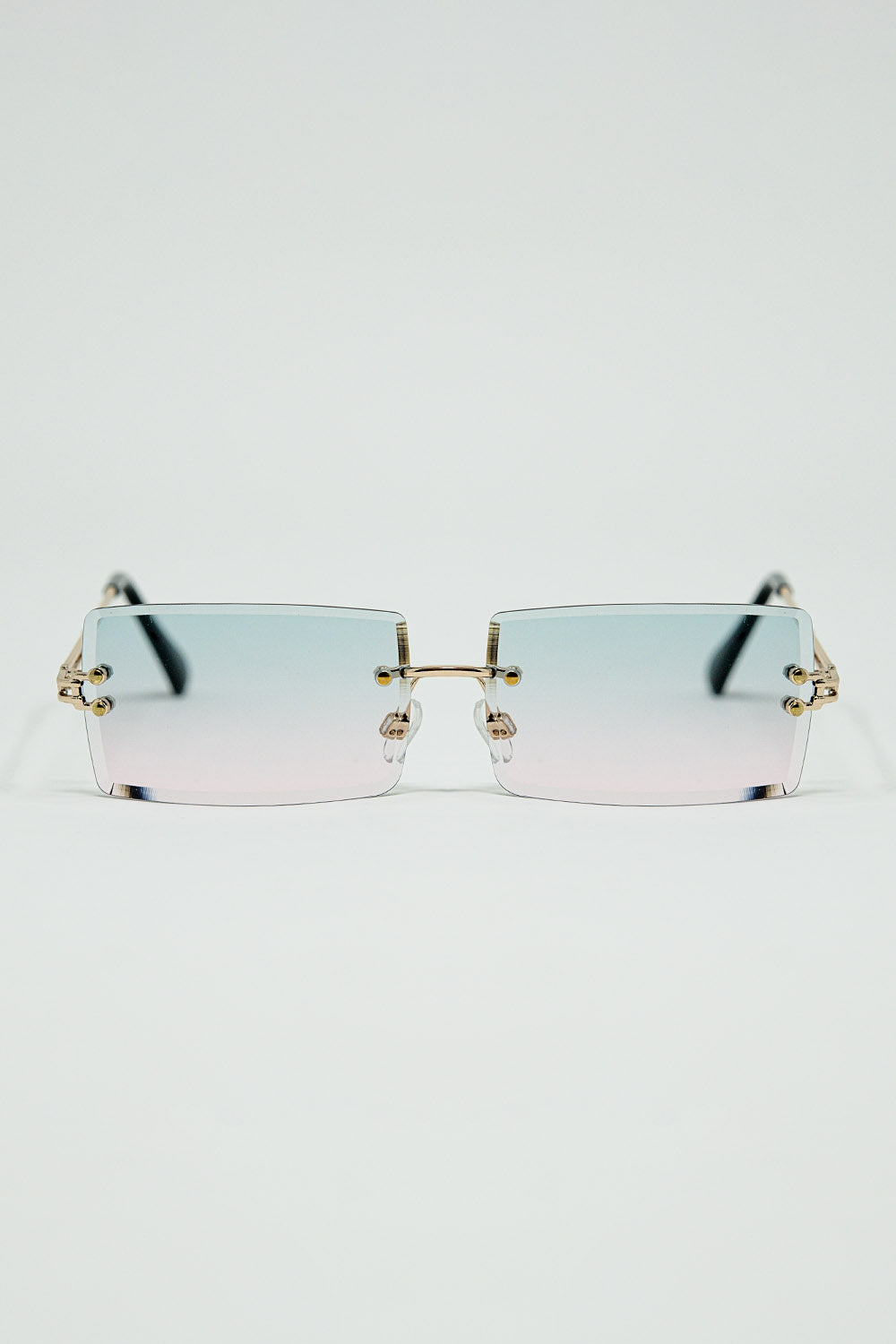 Gold Thin Rimless Square Sunglasses with Turquoise and Pink Gradient Lenses