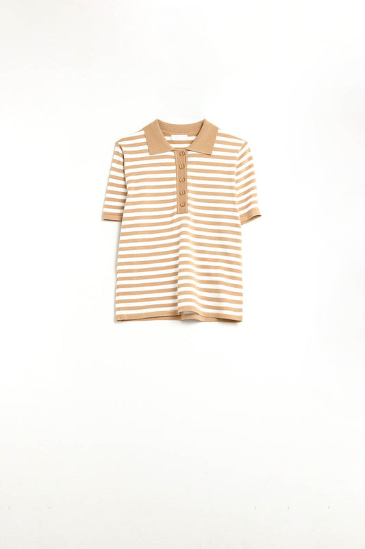 beige and White Striped Knitted Polo T-shirt