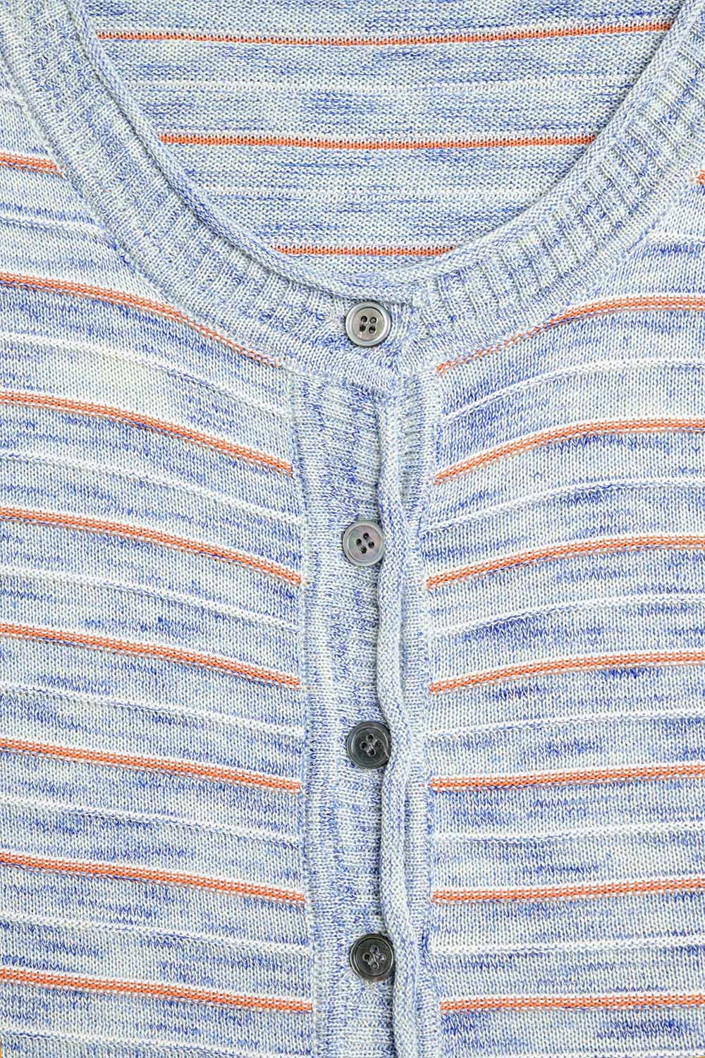 Buttoned Sweater In Blue Featuring Orange Stripes