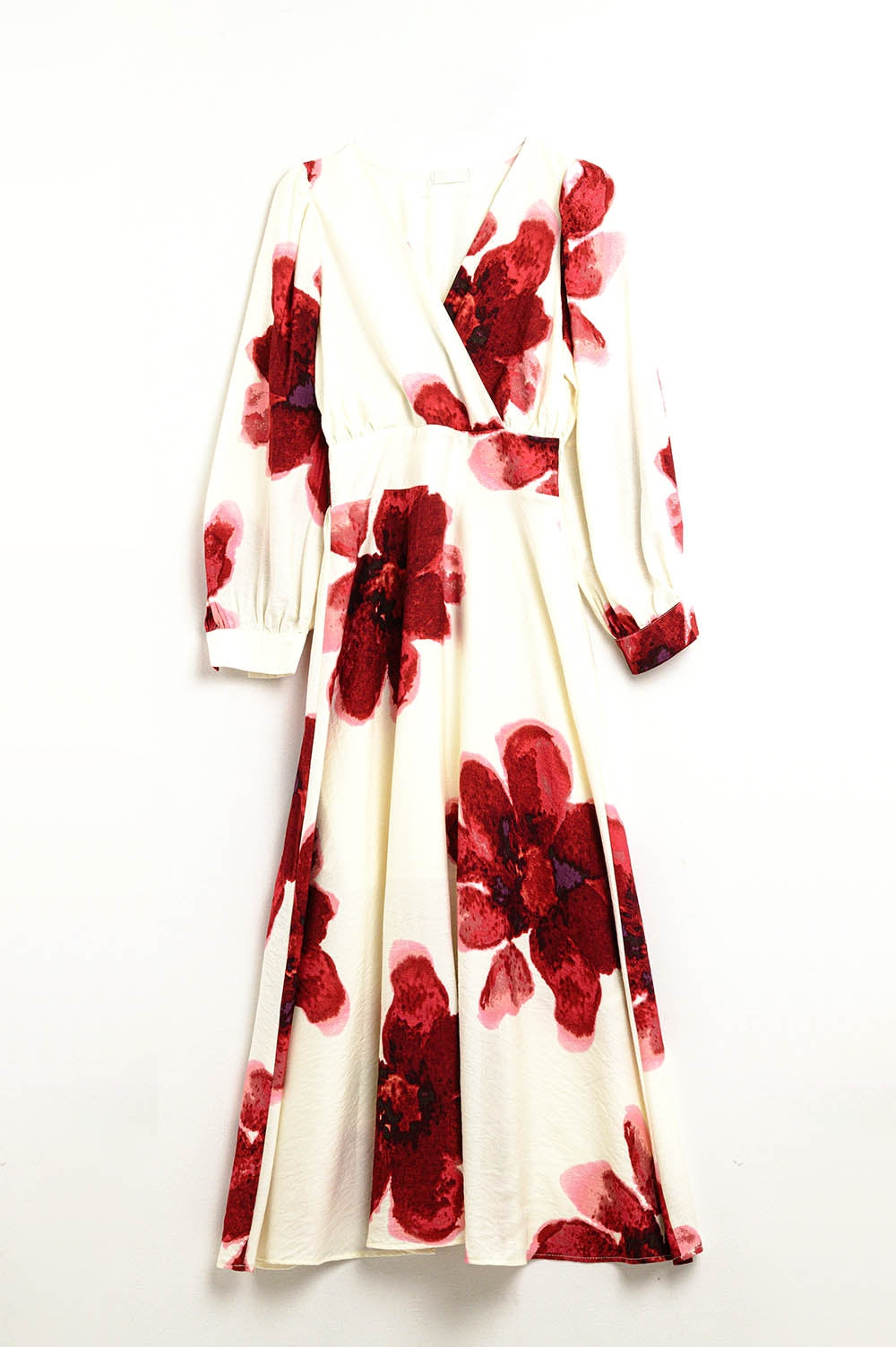 Beige wrap midi dress with red tropical floral print and long sleeves - dress