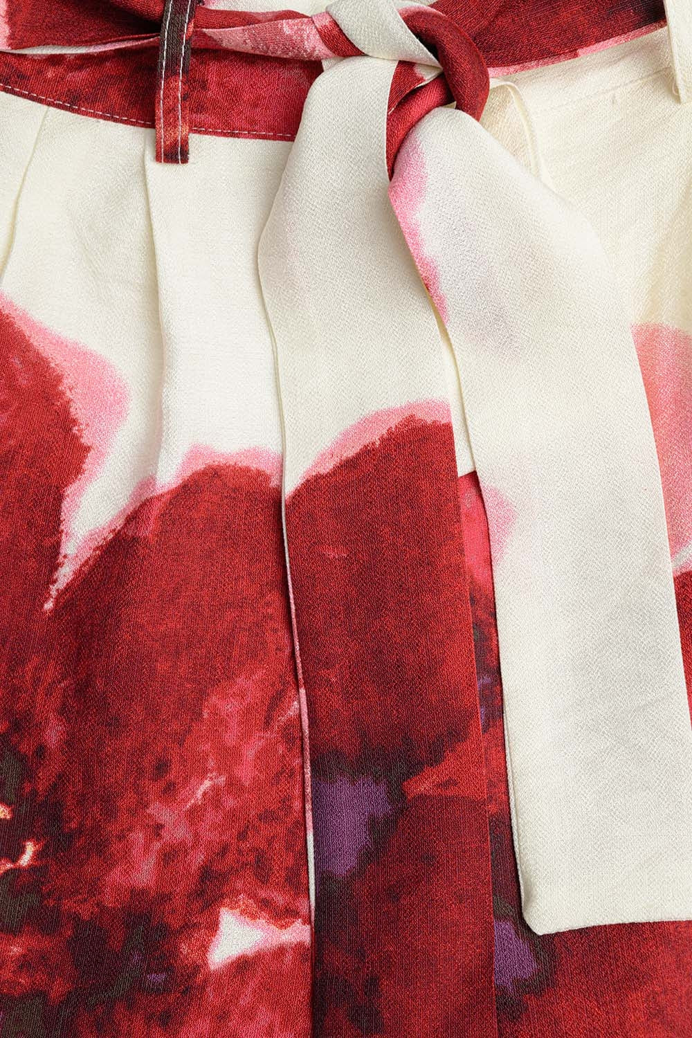 Beige Palazzo Pants With Red Tropial Flower Print and Matching Belt - trousers