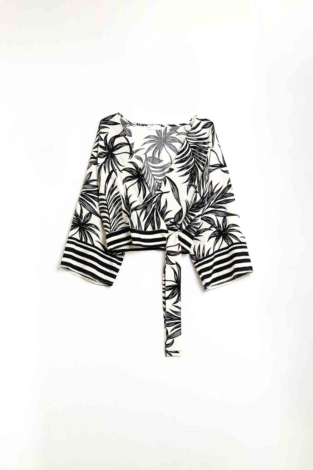 Cropped Top In White With Tropical Motif in Black - Shirts