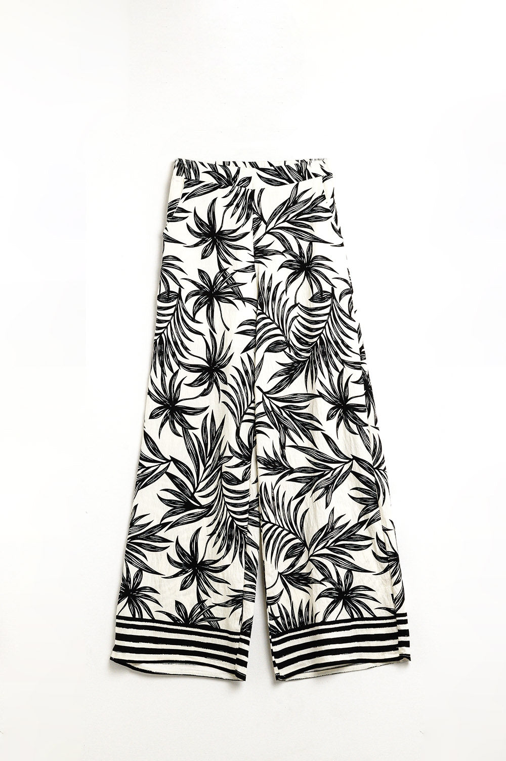 Wide Leg Pants In White With Floral Detail In Black - trousers