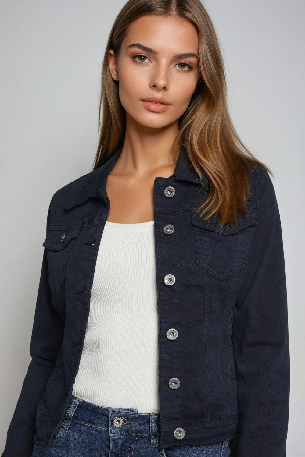 Basic Denim Jacket With Pockets in navy