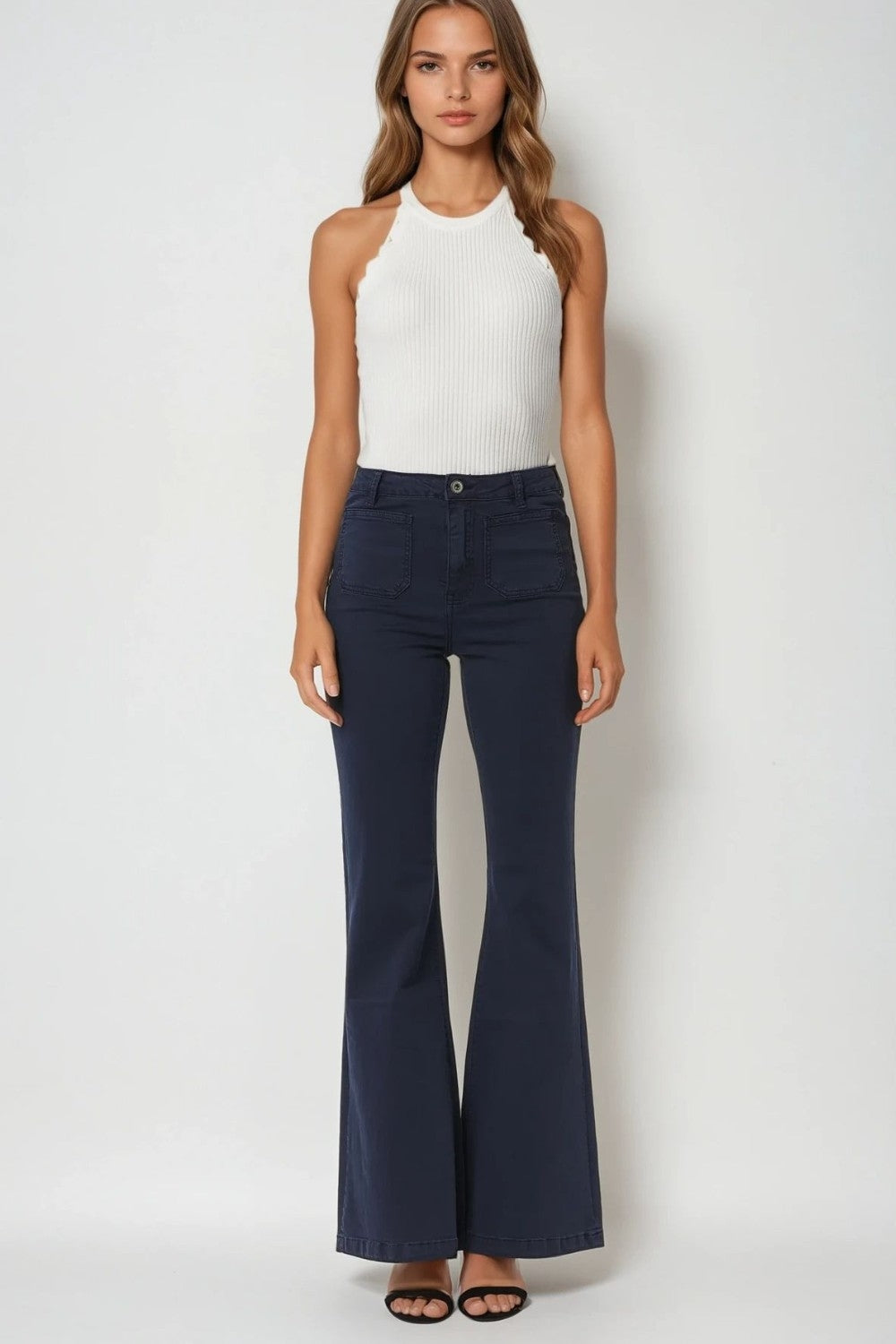 Navy Skinny Flared Jeans With Front Pocket Detail - trousers