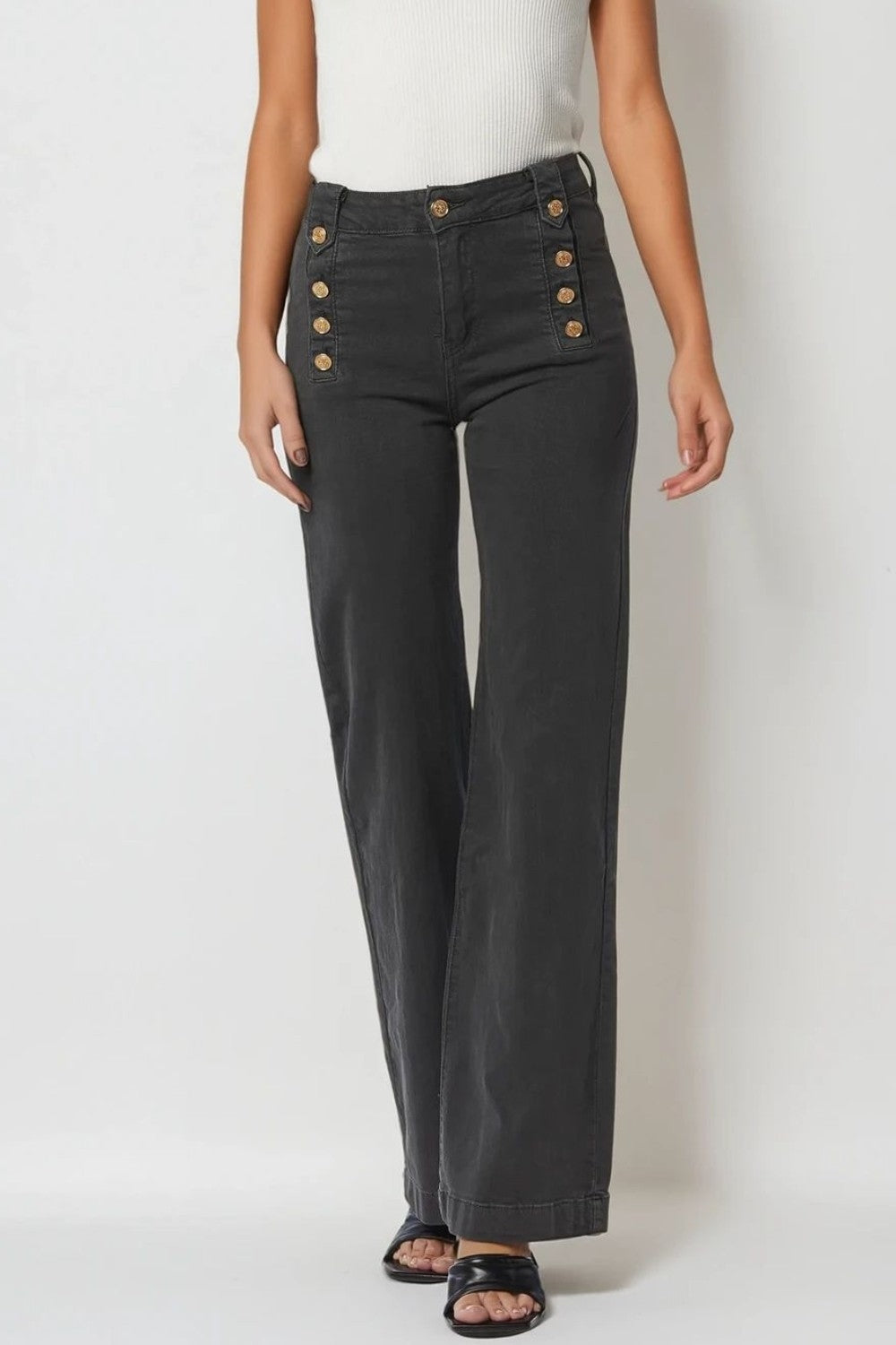 Straight Jeans With Gold Buttons At the Side in dark grey - trousers