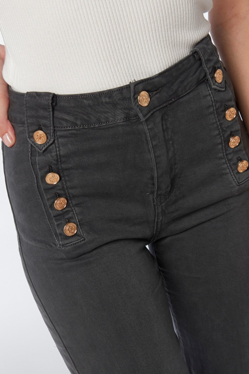 Straight Jeans With Gold Buttons At the Side in dark grey - trousers